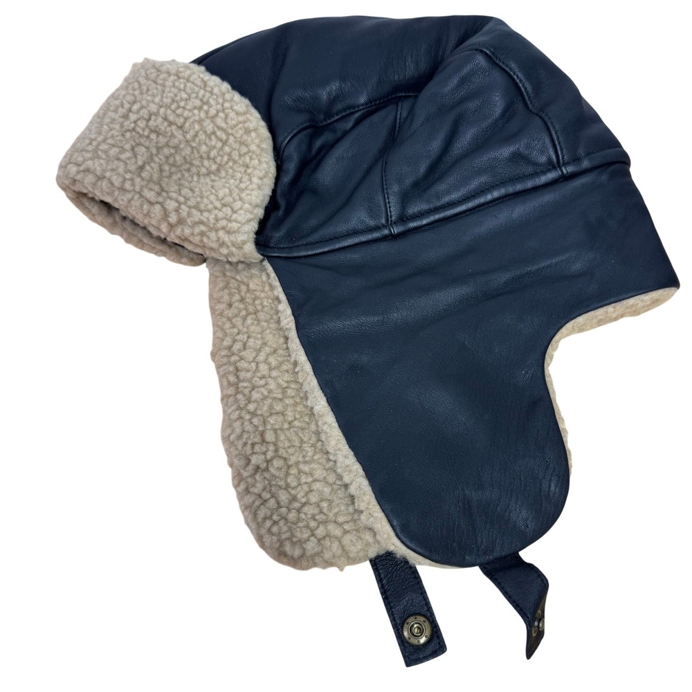 Black‎ Leather Trapper Hat XL Aviator Bomber Faux Shearling Lined Winter Cap Ski